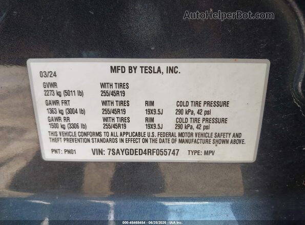 7SAYGDED4RF055747 2024 TESLA MODEL Y Gray Շարժիչի բաժամունքի տեսք