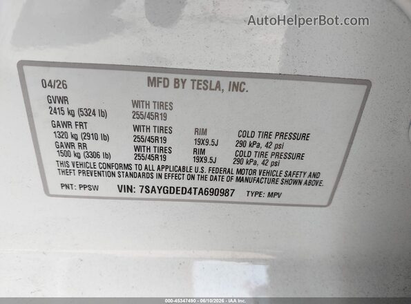 7SAYGDED4TA690987 2026 TESLA MODEL Y White Widok komory silnika