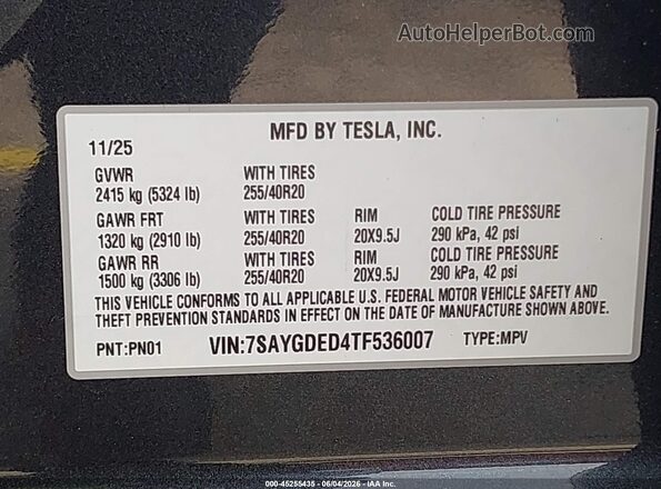 7SAYGDED4TF536007 2026 TESLA MODEL Y Gray Vista del compartimento del motor
