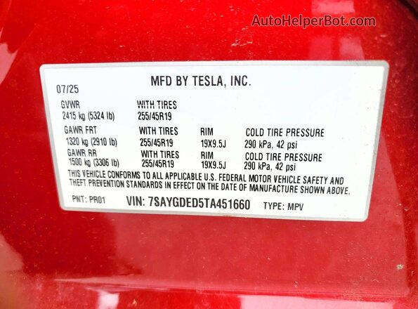 7SAYGDED5TA451660 2026 TESLA MODEL Red Vista del compartimento del motor