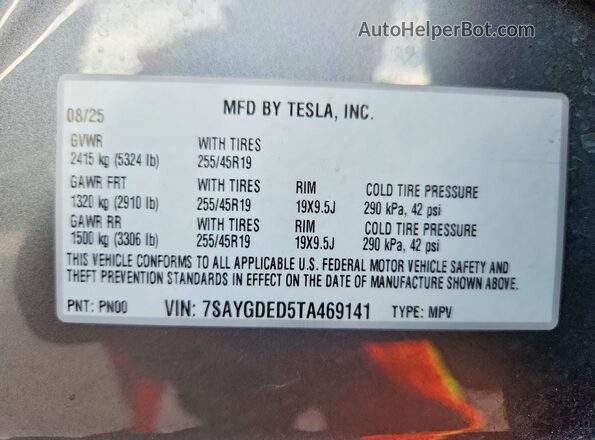 7SAYGDED5TA469141 2026 TESLA MODEL Gray Շարժիչի բաժամունքի տեսք