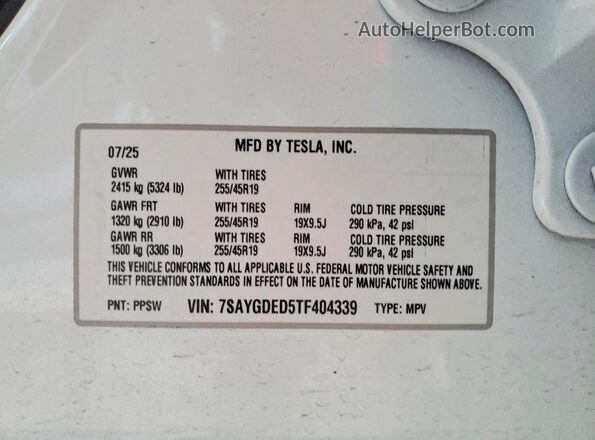 7SAYGDED5TF404339 2026 TESLA MODEL White 