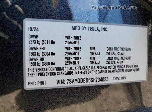 7SAYGDED6SF234023 2025 TESLA MODEL Black VIN կոդի պիտակի տեսք