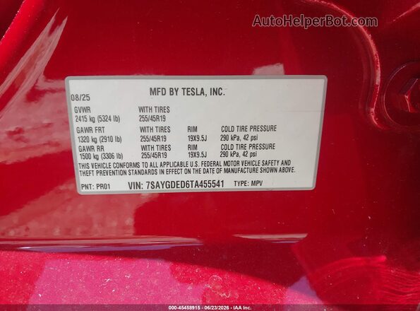 7SAYGDED6TA455541 2026 TESLA MODEL Y Красный Вид подкапотного пространства