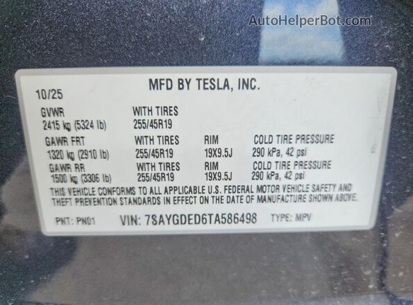 7SAYGDED6TA586498 2026 TESLA MODEL Black VIN կոդի պիտակի տեսք