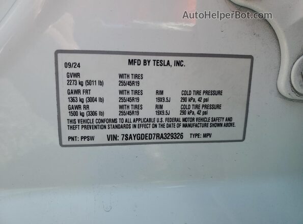 7SAYGDED7RA329326 2024 TESLA MODEL White 