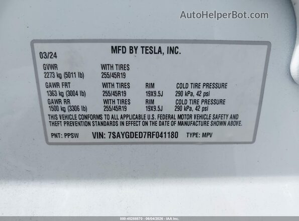 7SAYGDED7RF041180 2024 TESLA MODEL Y Белый Вид подкапотного пространства