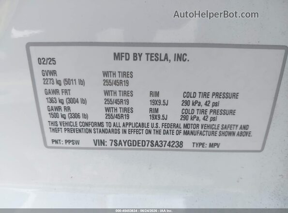 7SAYGDED7SA374238 2025 TESLA MODEL Y Белый Вид подкапотного пространства