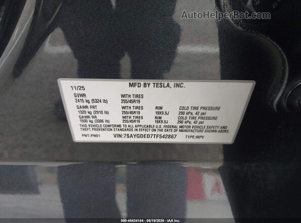 7SAYGDED7TF542867 2026 TESLA MODEL Y Black ძრავის განყოფილების ხედი