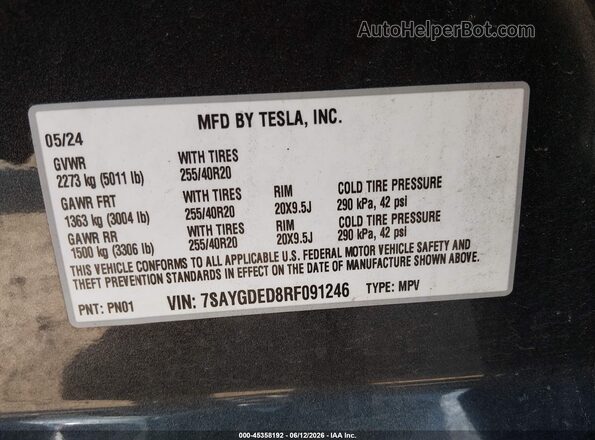 7SAYGDED8RF091246 2024 TESLA MODEL Y Gray ძრავის განყოფილების ხედი