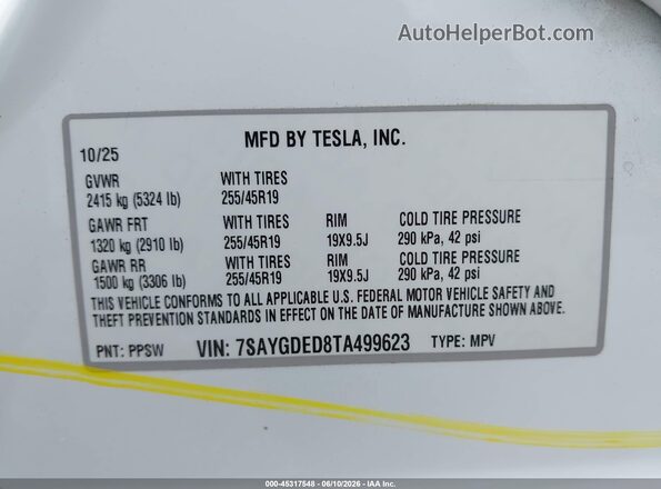 7SAYGDED8TA499623 2026 TESLA MODEL Y White Widok komory silnika