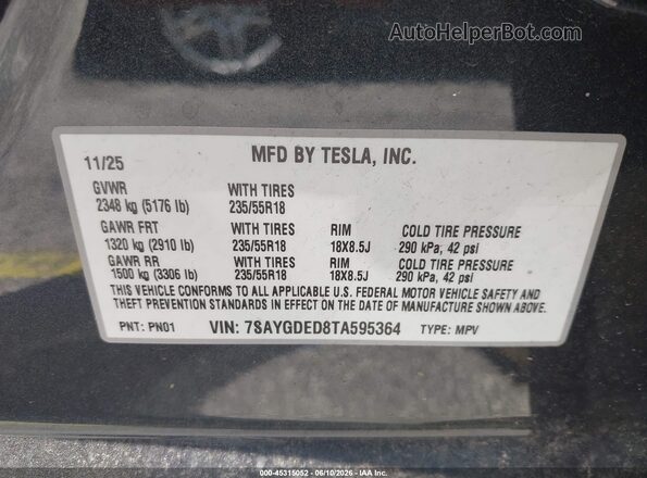 7SAYGDED8TA595364 2026 TESLA MODEL Y Gray Engine compartment view