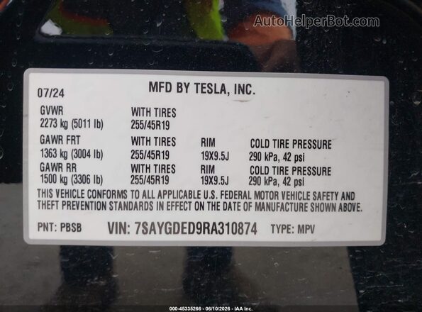 7SAYGDED9RA310874 2024 TESLA MODEL Y Black Вид підкапотного простору