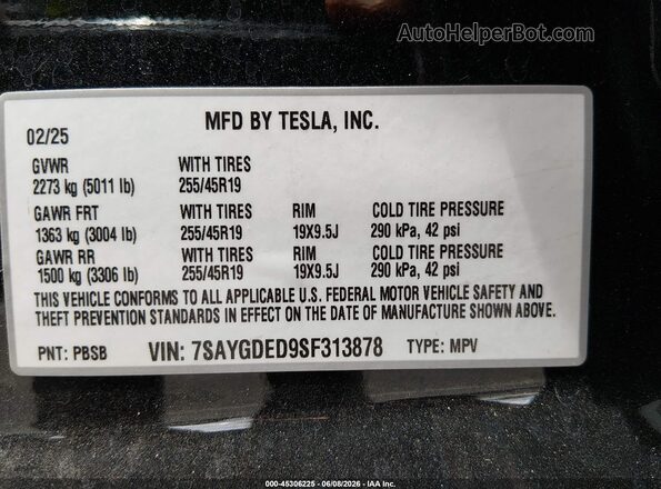 7SAYGDED9SF313878 2025 TESLA MODEL Y Black Engine compartment view