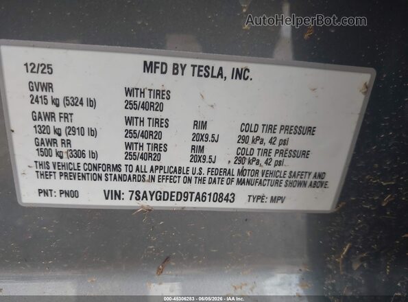 7SAYGDED9TA610843 2026 TESLA MODEL Y Серый Вид подкапотного пространства