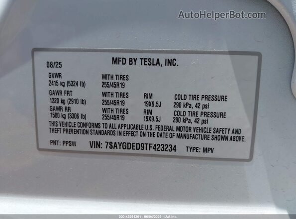 7SAYGDED9TF423234 2026 TESLA MODEL Y White ძრავის განყოფილების ხედი
