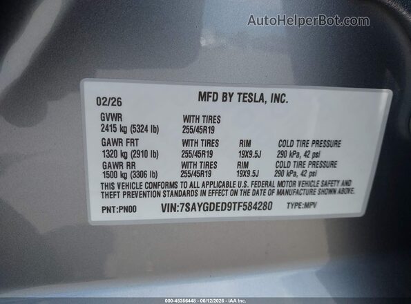 7SAYGDED9TF584280 2026 TESLA MODEL Y Gray Vista del compartimento del motor