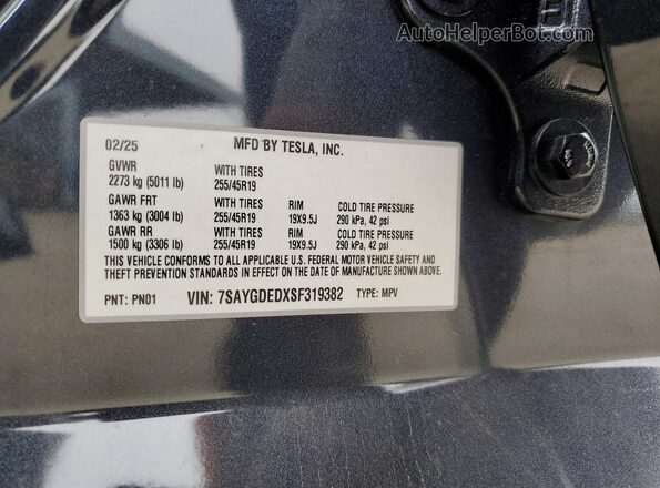 7SAYGDEDXSF319382 2025 TESLA MODEL Gray 