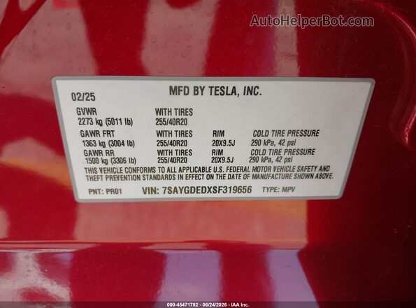 7SAYGDEDXSF319656 2025 TESLA MODEL Y Красный Вид подкапотного пространства