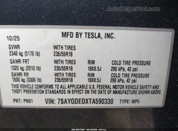 7SAYGDEDXTA590330 2026 TESLA MODEL Y Gray Widok komory silnika