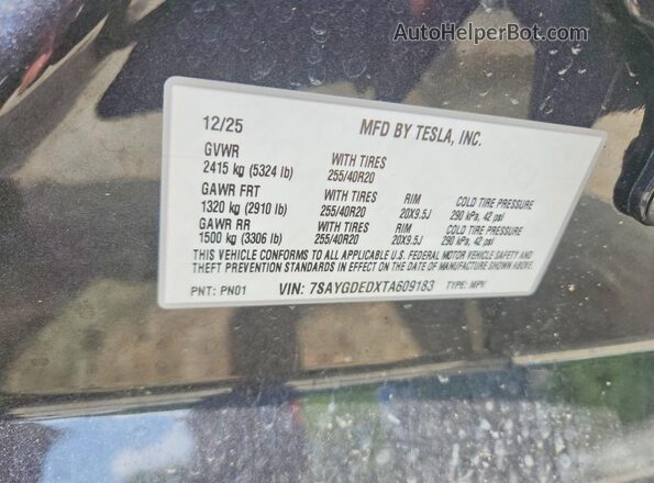 7SAYGDEDXTA609183 2026 TESLA MODEL Black Vista de la etiqueta del VIN