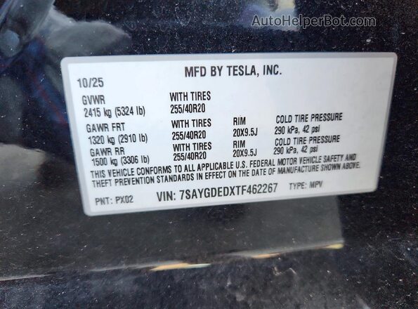 7SAYGDEDXTF462267 2026 TESLA MODEL Black VIN կոդի պիտակի տեսք