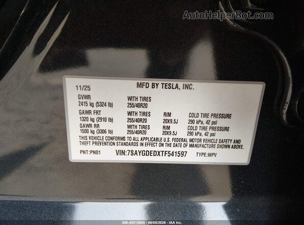 7SAYGDEDXTF541597 2026 TESLA MODEL Y Black Widok komory silnika