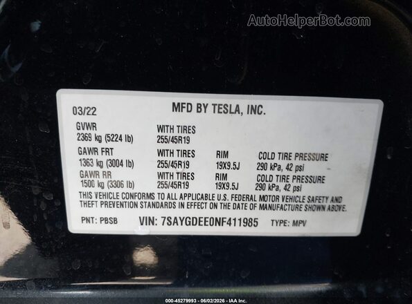 7SAYGDEE0NF411985 2022 TESLA MODEL Y Black Vista del compartimento del motor