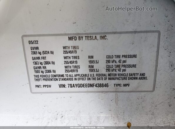 7SAYGDEE0NF438846 2022 TESLA MODEL Y Белый Вид подкапотного пространства