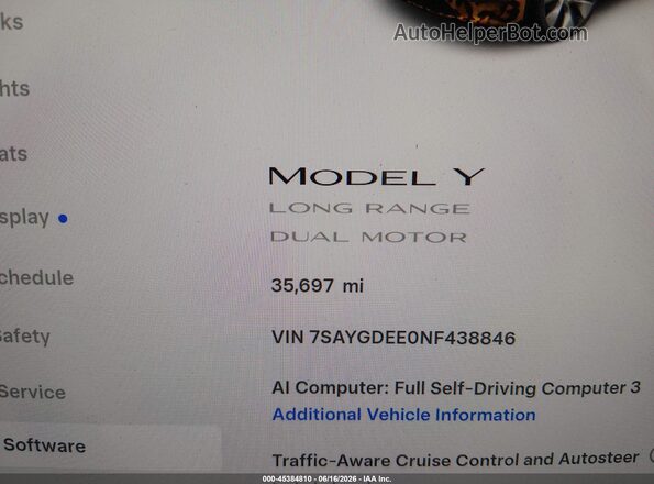 7SAYGDEE0NF438846 2022 TESLA MODEL Y Белый Панорамный вид салона 360°