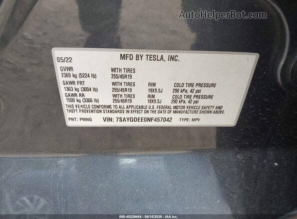7SAYGDEE0NF457042 2022 TESLA MODEL Y Серый Вид подкапотного пространства