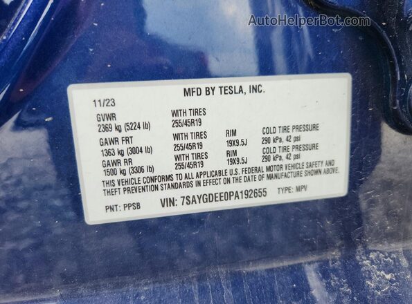 7SAYGDEE0PA192655 2023 TESLA MODEL Blue სალონის 360-გრადუსიანი ხედი