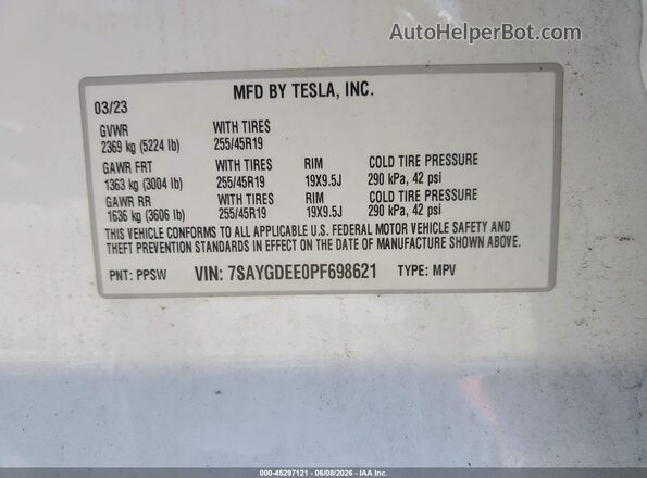 7SAYGDEE0PF698621 2023 TESLA MODEL Y Белый Вид подкапотного пространства
