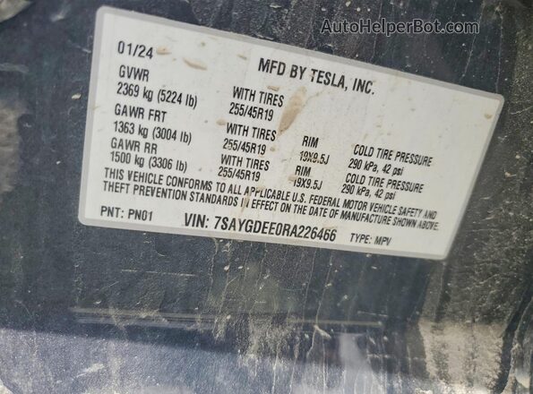 7SAYGDEE0RA226466 2024 TESLA MODEL Gray 