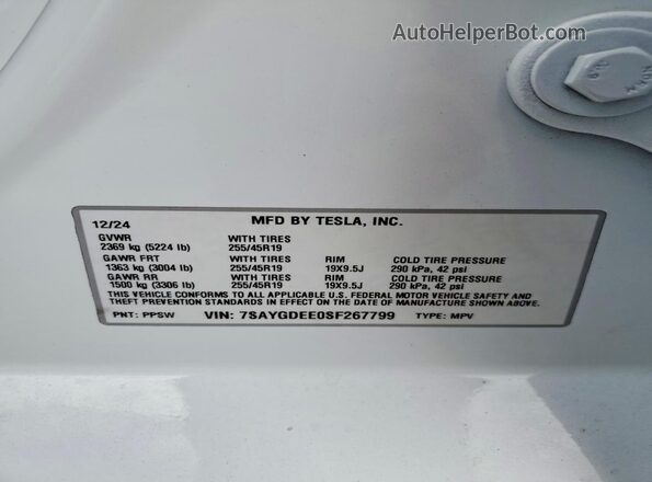7SAYGDEE0SF267799 2025 TESLA MODEL White VIN կոդի պիտակի տեսք