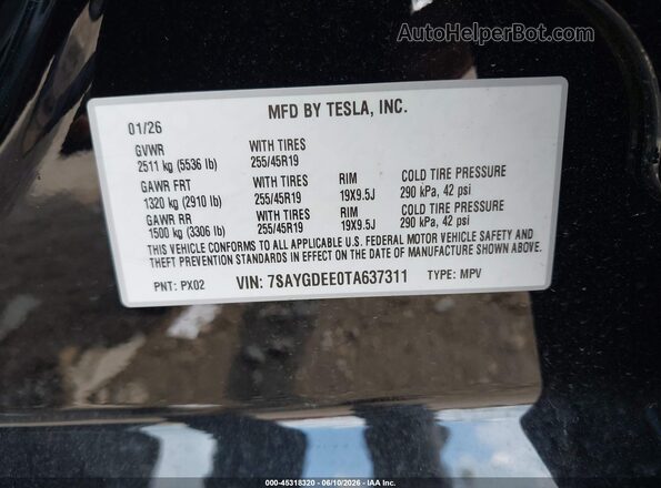 7SAYGDEE0TA637311 2026 TESLA MODEL Y Black Engine compartment view