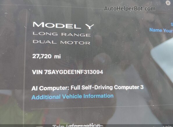 7SAYGDEE1NF313094 2022 TESLA MODEL Y White Հետևի նստատեղերի տեսք