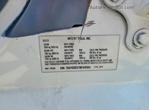 7SAYGDEE1NF445904 2022 TESLA MODEL White 