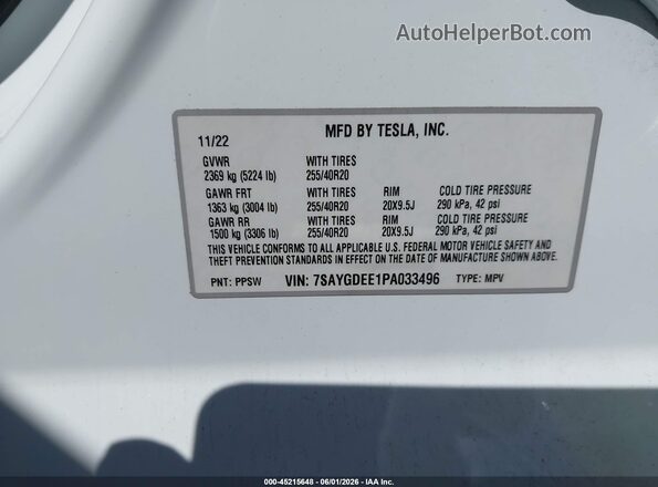 7SAYGDEE1PA033496 2023 TESLA MODEL Y White Engine compartment view