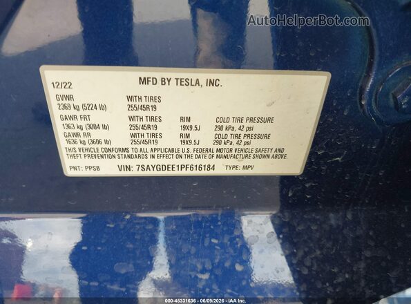 7SAYGDEE1PF616184 2023 TESLA MODEL Y Blue Engine compartment view