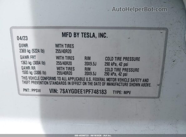 7SAYGDEE1PF748183 2023 TESLA MODEL Y White Շարժիչի բաժամունքի տեսք