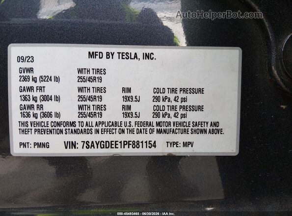 7SAYGDEE1PF881154 2023 TESLA MODEL Y Gray Вид підкапотного простору