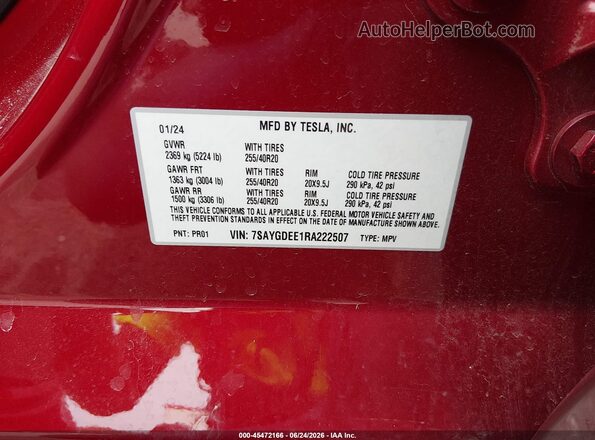 7SAYGDEE1RA222507 2024 TESLA MODEL Y Red Вид наклейки з VIN-кодом