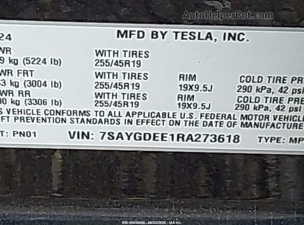 7SAYGDEE1RA273618 2024 TESLA MODEL Y Black ძრავის განყოფილების ხედი