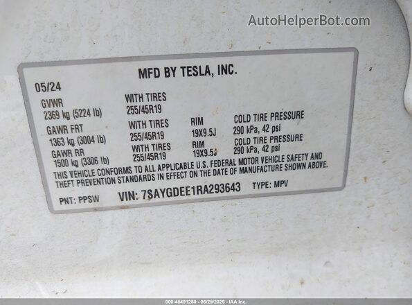 7SAYGDEE1RA293643 2024 TESLA MODEL Y White Вид підкапотного простору