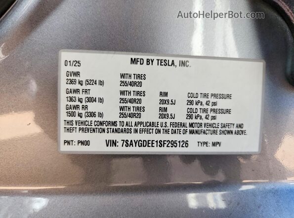 7SAYGDEE1SF295126 2025 TESLA MODEL Gray Սալոնի 360 աստիճան տեսք