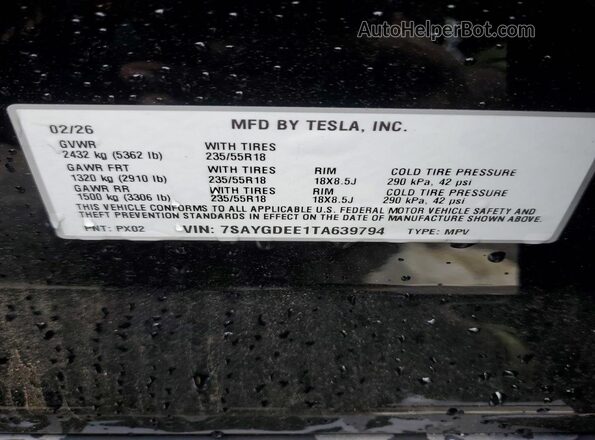 7SAYGDEE1TA639794 2026 TESLA MODEL Черный 