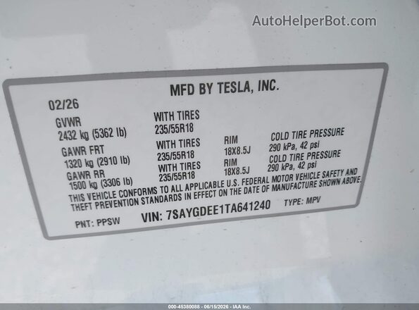7SAYGDEE1TA641240 2026 TESLA MODEL Y Белый Вид подкапотного пространства