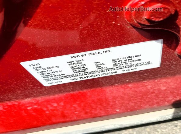 7SAYGDEE1TF331446 2026 TESLA MODEL Red Vista de la etiqueta del VIN