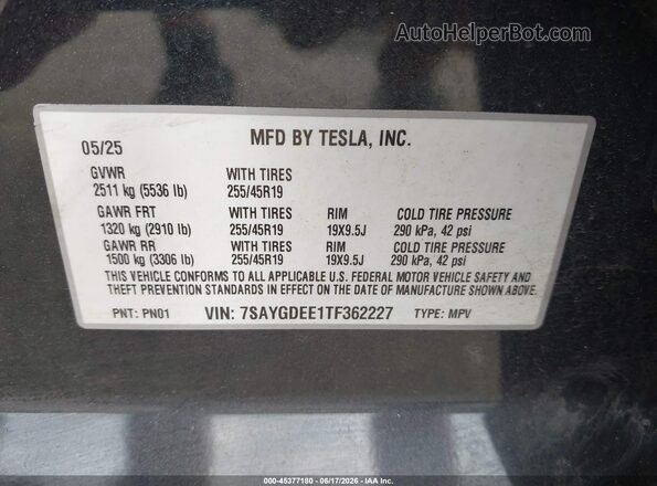 7SAYGDEE1TF362227 2026 TESLA MODEL Y Black Widok komory silnika